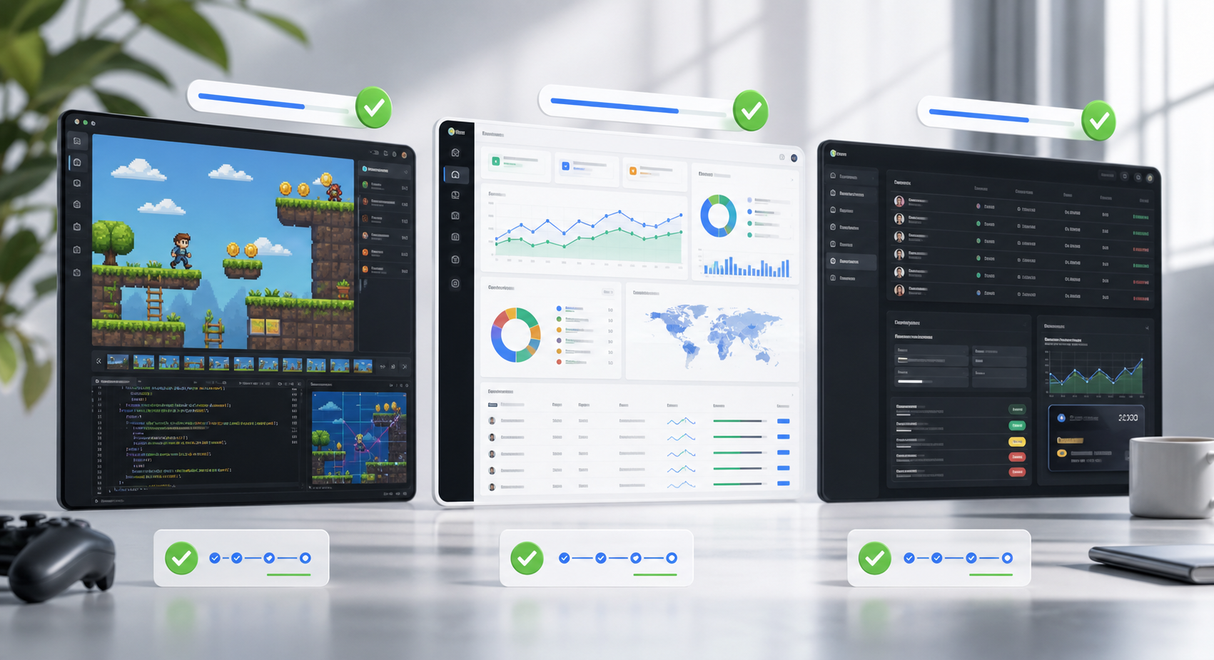 Verdent AI use-case collage showing a game prototype, analytics dashboard, and admin console